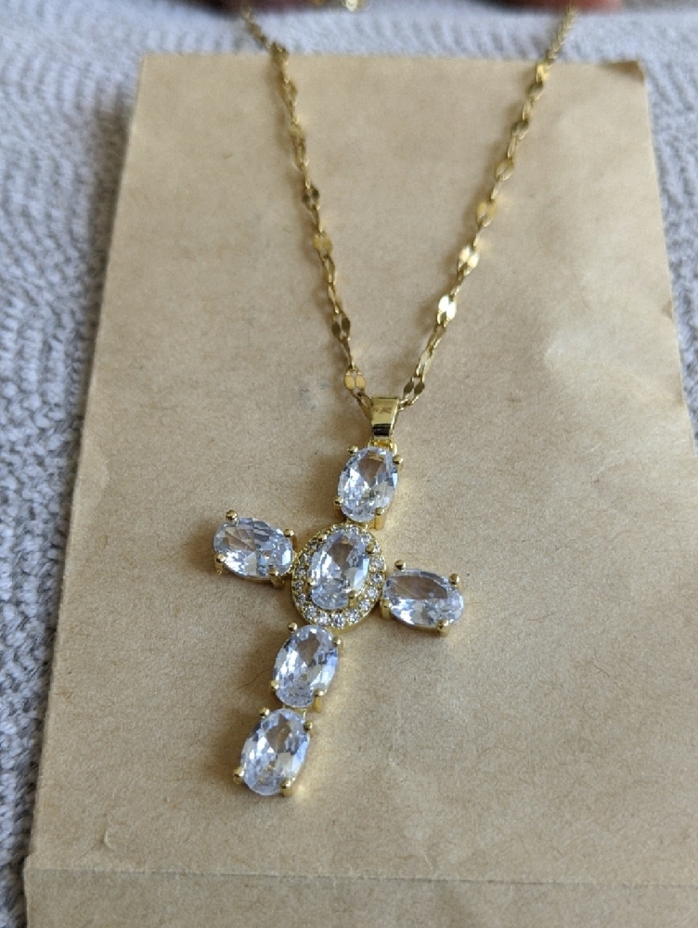 Gold Cross Pendant Necklace with Light Purple Stones